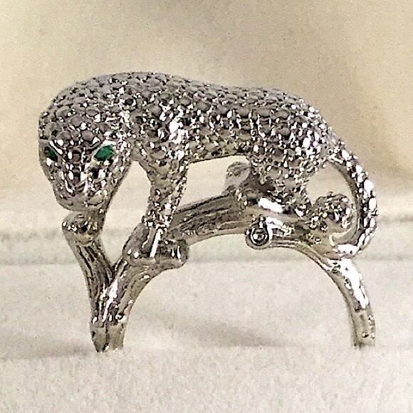 Vintage Sterling Silver Leopard Ring, Green Eyes Art Deco - Picture 6 of 12